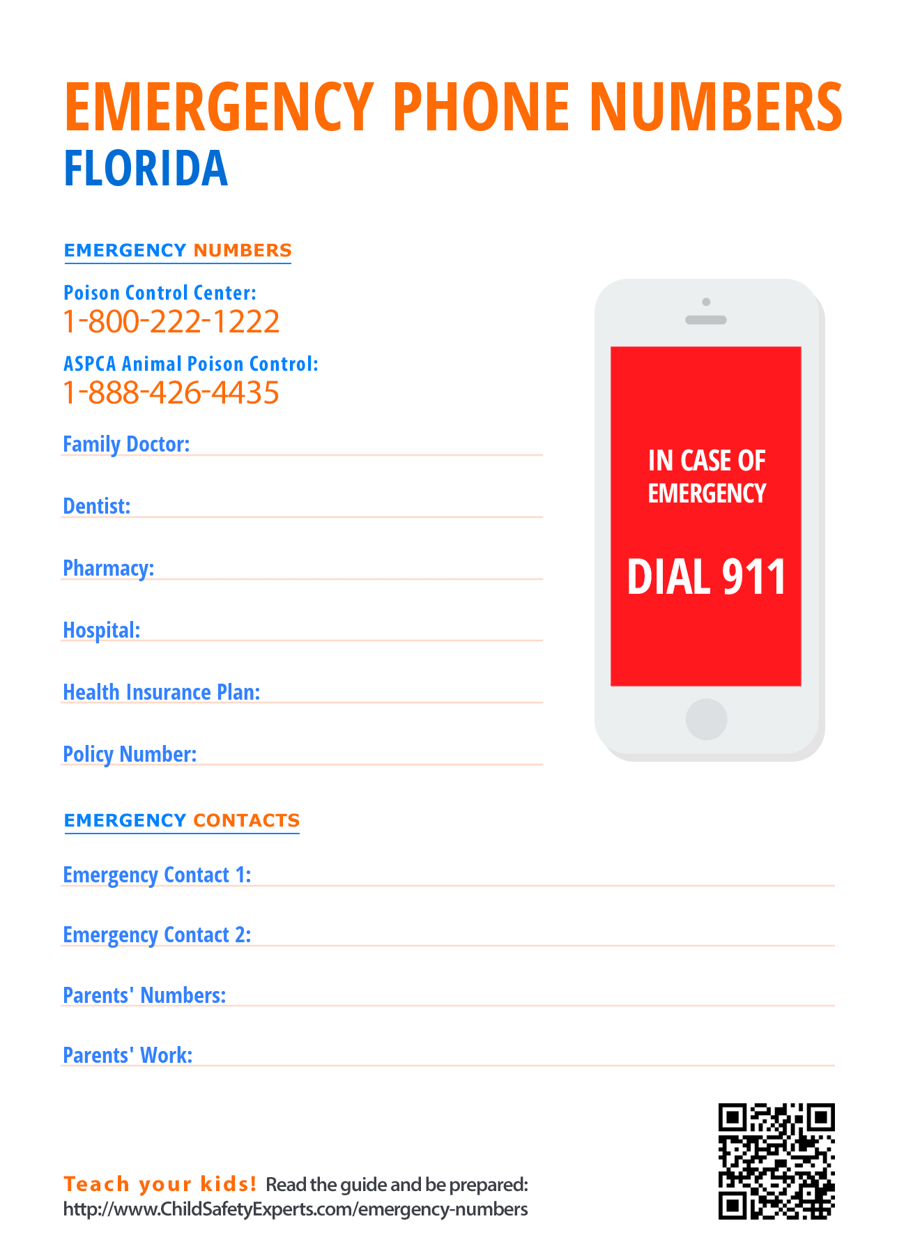 Important Emergency Phone Numbers - Print and hang on the fridge