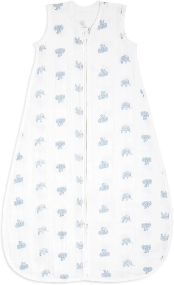 aden + anais organic cotton muslin sleeping bag in the Hello Elephants print