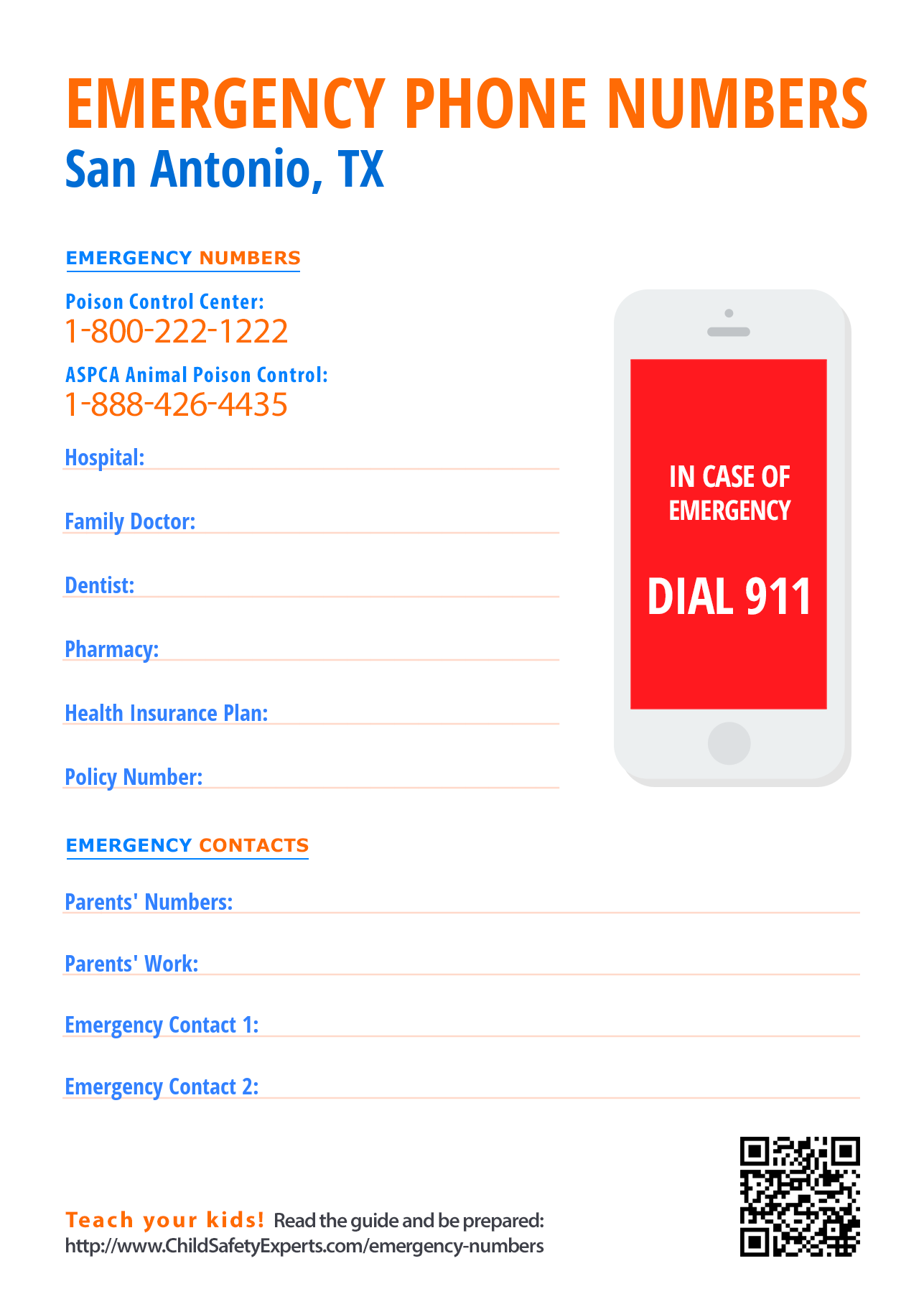 Important Emergency Phone Numbers - Print and hang on the fridge